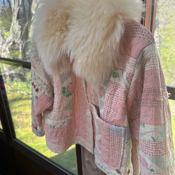 Vintage Patchwork Quilt Coat with Sheepskin Collar - Picture 2 of 6
